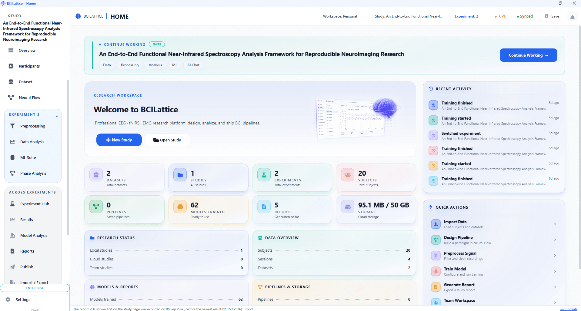 Study library showing local, cloud, and team research studies in BCILattice