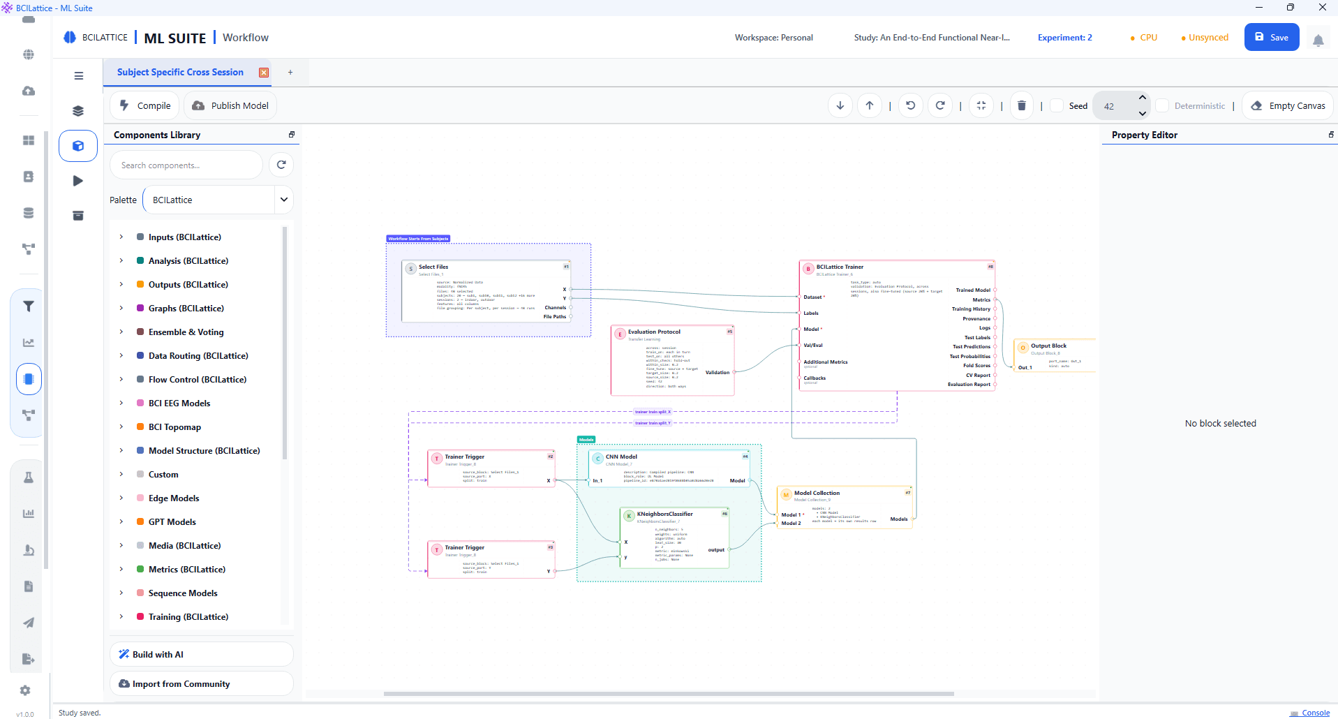 BCILattice ML Suite Execute view showing training accuracy scores and live loss curves